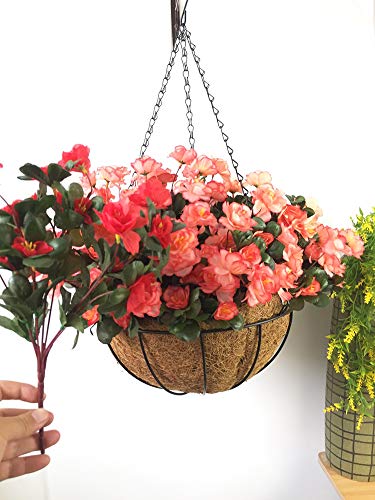 Lopkey Outdoor Hanging Basket With Artificial Azalea Bush Flower For Patio Lawn Garden Balcony Corridor Decor,12 Inch Orange #TOP2