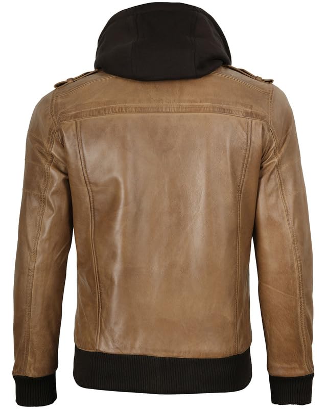 Image of Decrum Mens Leather Jacket - Detachable Hood Stylish Real Lambskin Leather Bomber Jacket Men