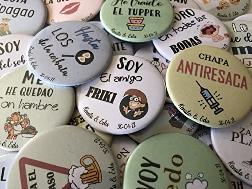 CHAPAS FRASES DIVERTIDAS para boda. 50 unidades. Detalles para invitados