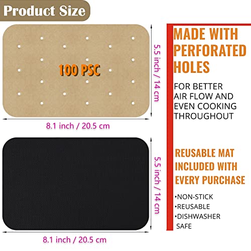 Image of WMKGG Rectangular Air Fryer Parchment Paper, 100 PCS Air Fryer Liners | Disposable Perforated Parchment with 2 Grilling Mat for Ninja DZ201 Foodi 6-in-1 8-qt. 2-Basket