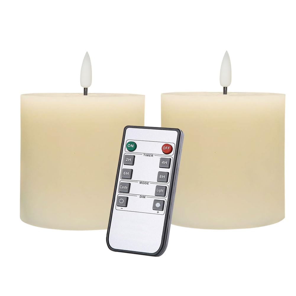 Flameless Candles Set of 2 (3x3 inch) Flickering LED Real Wax Candles Battery Operated with Remote Control Timers for Fireplace Bedroom Livingroom Party Dimmable Ivory Pillars Flat top