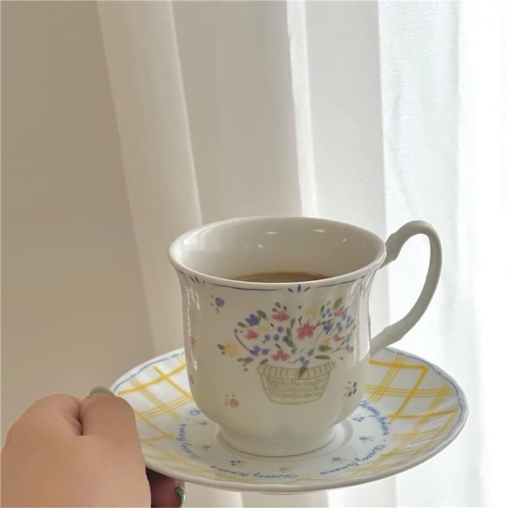 200ml Kubek do kawy Kubek Kubki Uroczy Mały Kwiat Ceramiczny Zestaw Filiżanek Do Kawy Retro Śniadanie Mleko Herbata Filiżanka Spodek Ślub Dekoracyjny Do Biura Dom Kawiarnia
