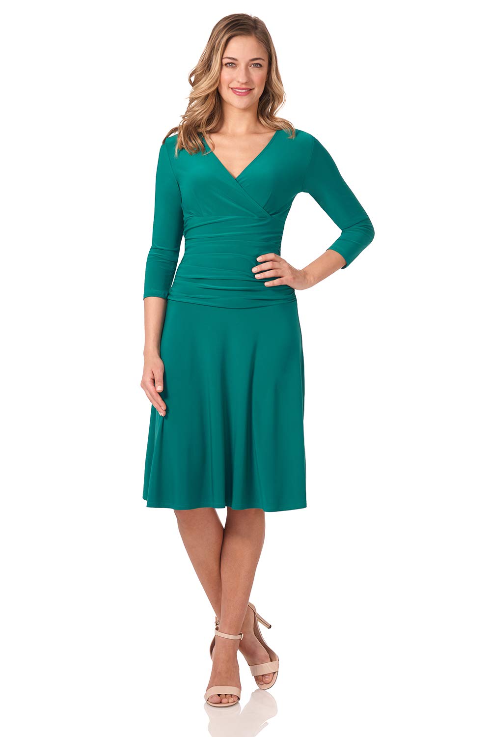 Rekucci Women's Slimming 3/4 Sleeve Fit-and-Flare Crossover Tummy Control Dress