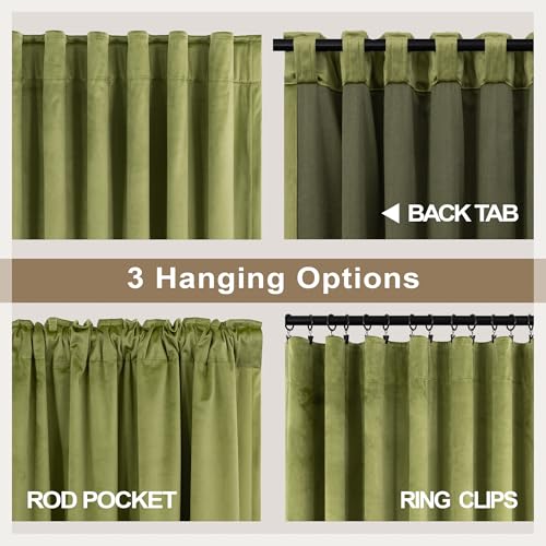 Image of Moss Green Boho Velvet Curtains 63 Inch Length for Boys Bedroom 2 Panels Back Tab Rod Pocket Heavy Duty Heat Cold Blocking Light Dampening Drape for Kitchen Bathroom Laundry Closet Playroom 52x63 Long