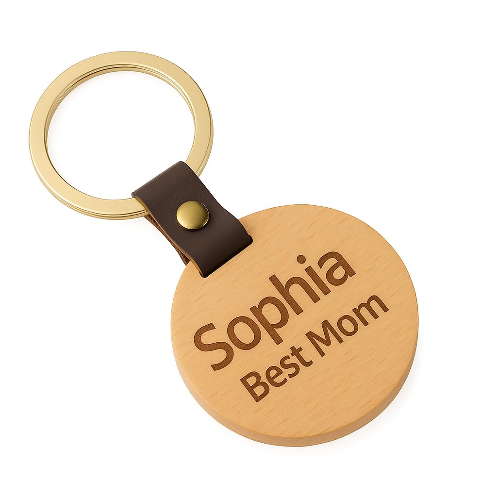Laser-Engraved Keychain – Wooden or Leather Keyring in Heart, Circle, or Oval Shape – Unique Gift for Anniversaries, Birthdays, Christmas, Mother’s & Father’s Day, Corporate Gift (Wooden Circle)