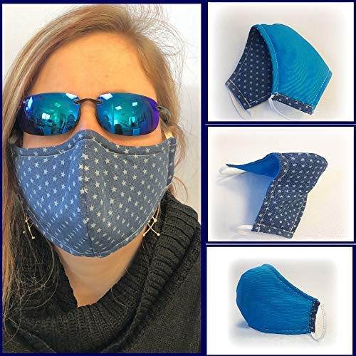 Preisvergleich Produktbild iffland MERINO EUROPA Gesichtsmaske, Behelfsmundschutz, Mund- + Nase Maske, Mundmaske, waschbar, mit Nasenbügel, 3 lagig (100% Baumwolle + Vlies), wiederverwendbar (blau mit Sternchen, L (Damen))