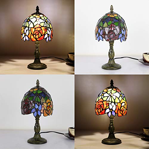 Tiffany-Stil Tischlampe 6 Zoll, E14 Vintage Glasmalerei Mini Nachtlicht, Rote Rose Blume Nacht Schlafzimmer Schreibtischlampen für Wohnzimmer(Ohne Glühbirnen) – Bild 5