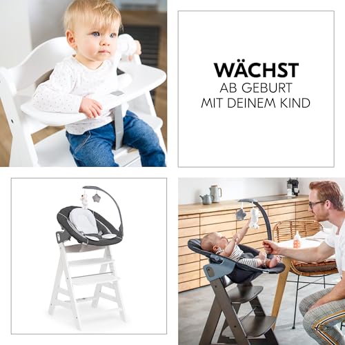 hauck Alpha+ Newborn Set Deluxe - Baby Holz Hochstuhl ab Geburt mit Liegefunktion - inkl. Aufsatz für Neugeborene & Sitzpolster - mitwachsend, verstellbar - Weiß