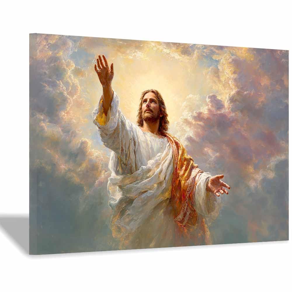 ZAMAEIU Jesus Art Pictures Posters Prints Summoned in thes clouds Religious Paintings, Wall Decor for Church,Prayer Room,Christians, Schools, Hospitals(white)-30x50cm Framed