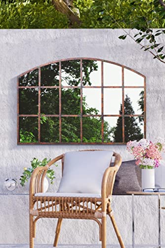 MirrorOutlet Large Metal Rustic Arched Shaped Window Garden Outdoor Mirror New 90cm X 56cm, Brown,...