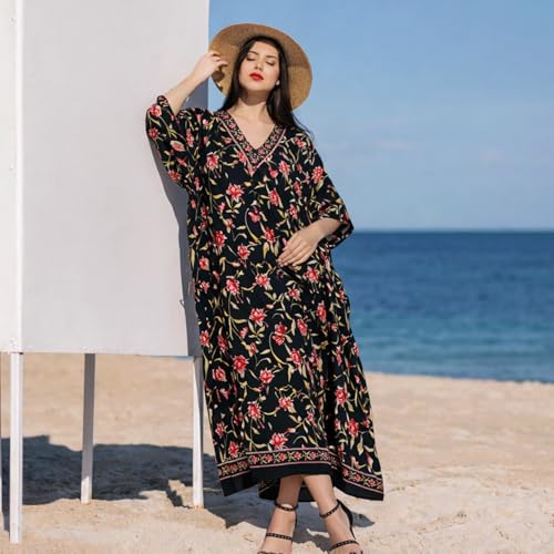 Image of Miss Lavish London Kaftan Dresses for Women Plus Size Long Batwing Sleeve Caftans, V Neck Moo Moo Printed Beach Cover Up Maxi Beach Dress, Bathing Suit Cover-Up Loungewear