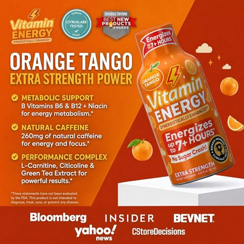 Image of Vitamin Energy Orange Tango Extra Strength Energy Shot, 12 Pack - Up to 7 Hrs, 260mg Natural Caffeine, Zero Sugar - Green Tea Extract, Immune Support, B12 B6 Niacin, 1.93 fl oz, Keto Vegan
