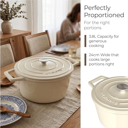 Image of Lifelong Enamel Cast Iron Casserole with Lid (3.8L, 24cm) | Oven, Gas & Induction Compatible | Slow Cooking, Even Heat Distribution, Nontoxic, Durable, Naturally Nonstick, No Stains or Scratch (Ivory)