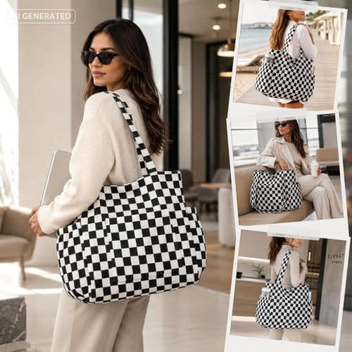Large Capacity Corduroy Tote Bag for Women Aesthetic Checkerboard Bag - image 2