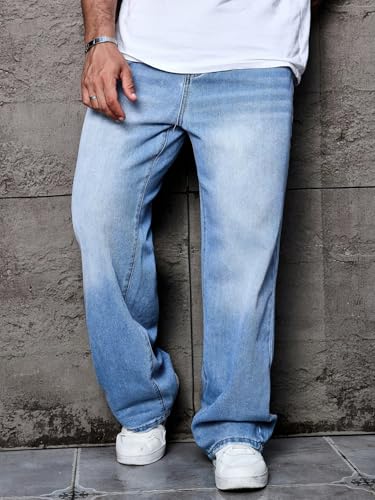 Image of AVANOVA Men's Baggy Fit Jeans- Solid Washed Denim Straight Wide-Leg | Streetwear Casual Dailywear Pants for Men | Trendy Loose-Fit Mid-Waist Denim Trousers (Jeans 247)