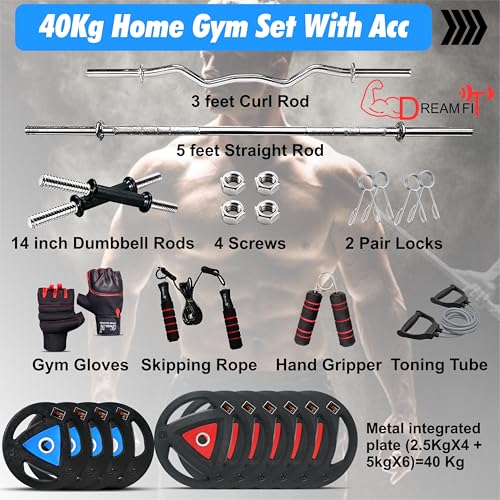 Image of DREAM FIT Rubber Coated Metal Integrated Weight Plates 40Kg Professional Home Gym Combo with 23mm 3ft curl rod, 23mm 5ft straight rod, 1 pair dumbbell rods with steel nuts and gym accessories (40kg set)