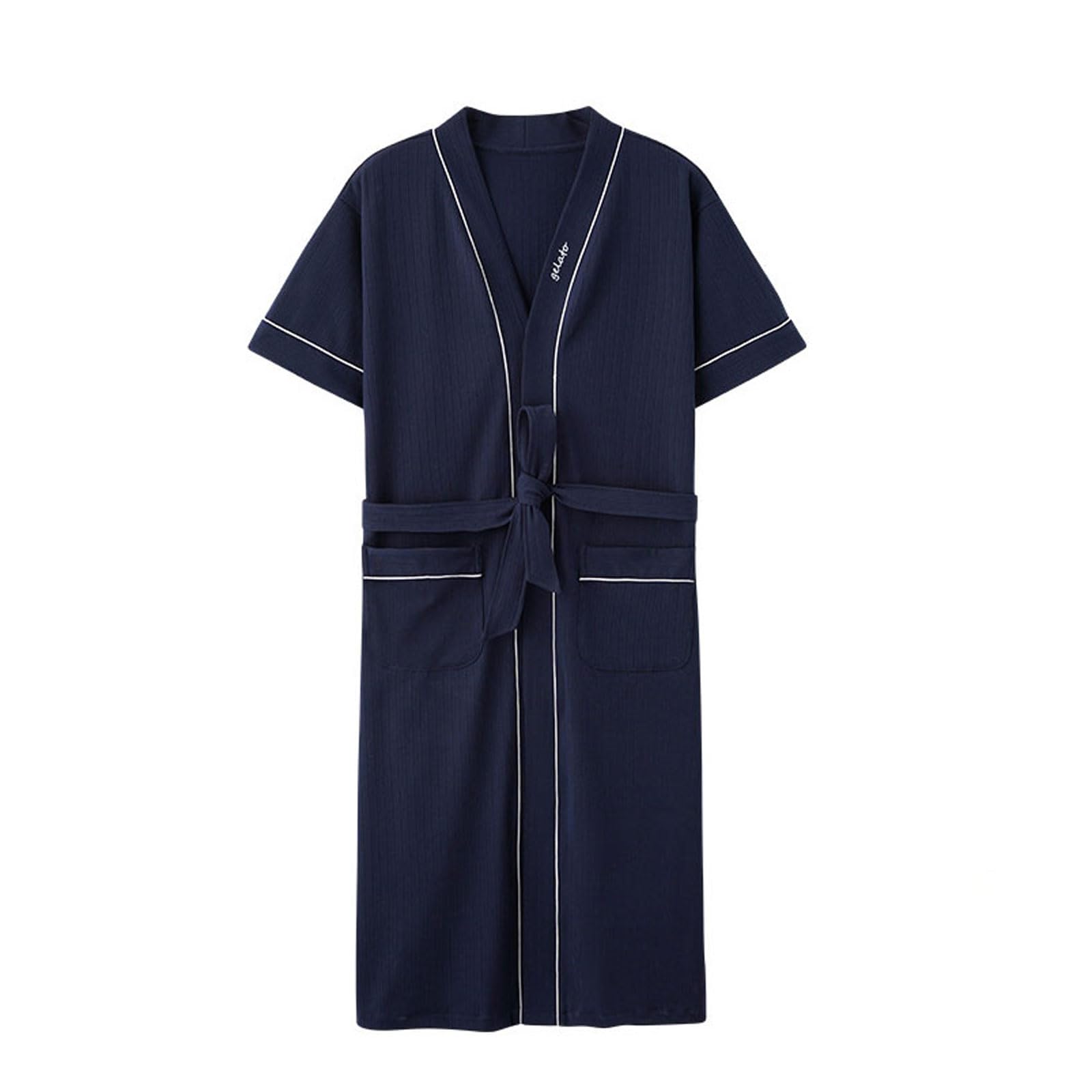 Guoyoocc Men's Dark Blue B Dressing Gown Short Sleeve Bathrobe Nightgown Cotton Knit Long Robe V Neck Kimono Robes Sleepwear Loungewear Lightweight Housecoat Nightgown For Hotel Spa Party