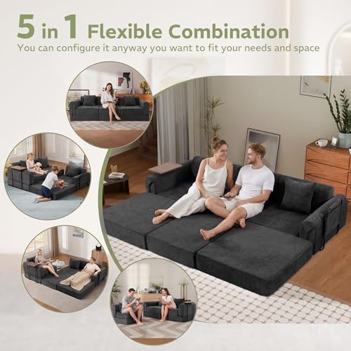 Image of 100 inch Convertible Sofa Bed, 5-in-1 Modular Sectional Cloud Couch with Fixed-Shape Frame & Storage Pocket, No Assembly Required Boneless Sleeper Sofa for Living Room, Chenille Black