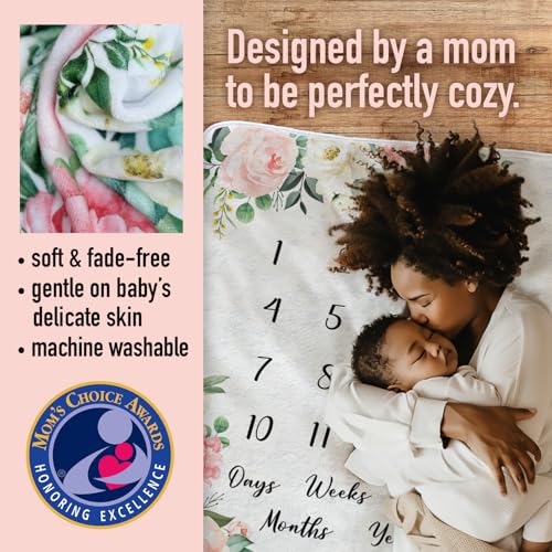 Image of Baby Milestone Blanket Super Soft Fleece Monthly Milestone Blanket for Baby Girl - Boy - Perfect for First Year Pink Flowers - Large 60 inchx40 inch