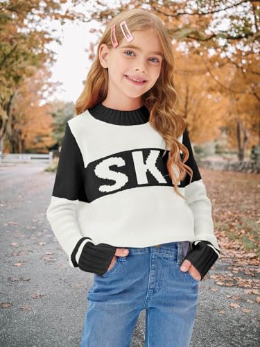 Image of Yousify Girl's Ski Sweater Color Block Striped Long Sleeve Spring Fall Winter Knitted Pullover Jumper Tops 5-14 Years