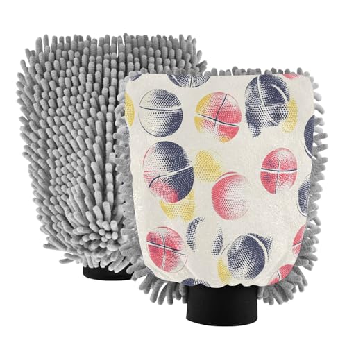 STAYTOP Cartoon Colored Basketball Car Wash Mitt Microfiber, 2Pcs Scratch Free Lint-Free, Premium Chenille Microfiber Mitt Car Wash Brush-L