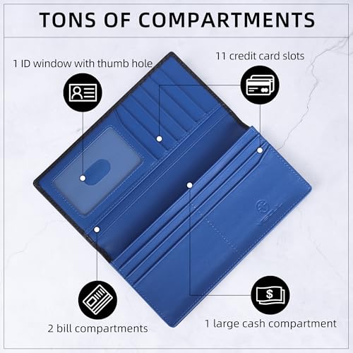 Image of VISOUL Leather Checkbook Cover Wallet for Men with RFID Blocking, Mens Long Bifold Cash Tall Wallet with 11 Credit Card Slots 1 ID Window (Black+Blue)
