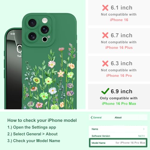 Image of Designed for iPhone 16 Pro Max Case Flower for Women Girls, Green | Cute Floral Pattern Liquid Silicone Phone Case [Full Camera Protection] Slim Soft TPU Protective Cover