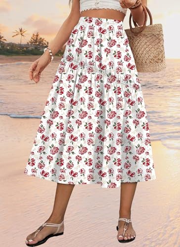 Boho Floral Midi Skirts for Women Casual A line Elastic High Waist Swing Summer Cute Long Beach Party Skirts4