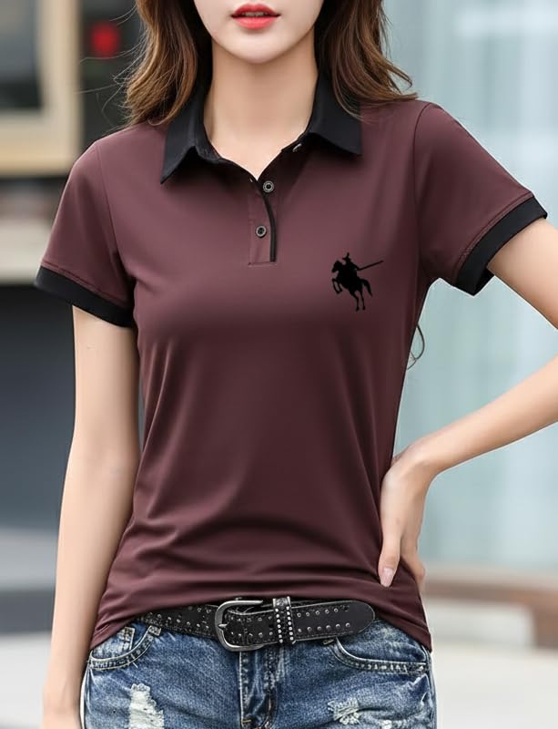 Image of GLASGO Pure Cotton Regular Fit Plain Solid Classic Polo Collar Half Sleeve T-Shirt for Women (Colors: Black, Brown, Peach, Pink)