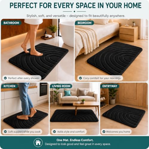 Image of Premium Memory Foam Bath Mat | 40x60cm Super Absorbent Velvet Bathroom Rug | Non-Slip Machine Washable Floor Mat (Jet Black)