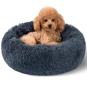 Dog Calming Beds for Small Medium Large Dogs – Round Donut Washable Puppy Dog Bed, Anti-Slip Faux Fur Fluffy Donut Cuddle Anxiety Cat Pet Bed(20″ Dark Grey)