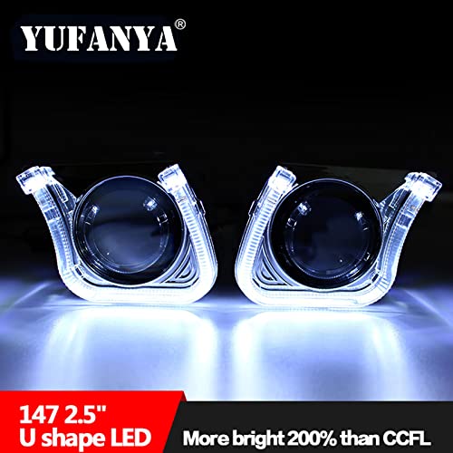 2.5Inch Mini Projector Lens with U Shape Led Angel Eyes Shrouds with Blue Devil Eyes H1 Car Headlight Retrofit Fit for H1 H4 H7 Car Motorcycle