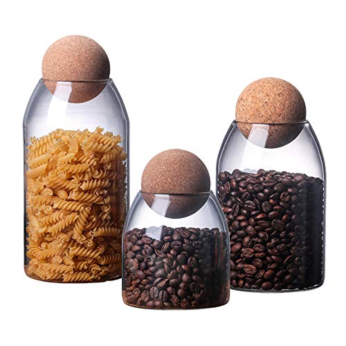 OnePine Lot de 3 Bocal en Verre avec Bouchon en liège, Pots à épices Bocaux de Rangement en Verre pour Conserver Les épices, Le thé, Le Sucre, Le café,...