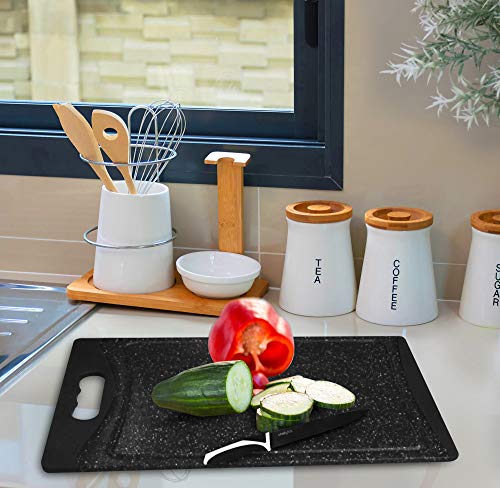 CHEF GRIDS Durable Plastic XL Marble Cutting Board, Chopping Board Thick Plastic, for Vegetable Meat or Cheese with Non-Slip Feet, Handles Juice Groove | Dishwasher Safe (3-pc Set, Black)