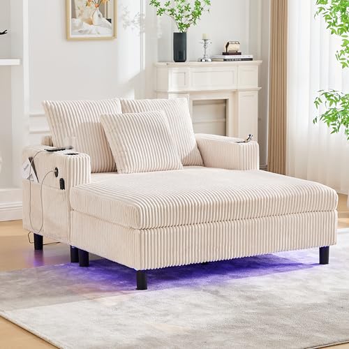 Soweiz Sofa, weicher Chaiselongue-Liegesessel mit seitlichen Getränkehaltern, USB-Anschlüssen, integrierter LED-Ambiente-Beleuchtung – für Wohnzimmer, Schlafzimmer, 142x128x85cm (Beige)