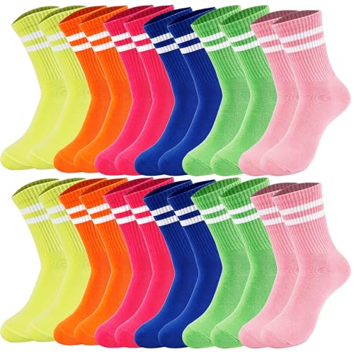 12 Pairs Neon Crew Socks Striped Crew Socks Short Socks for Men Women's Bright Neon Color, 6 Colors