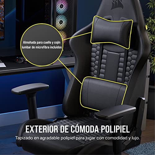 Image of Corsair TC100 Relaxed Gaming Chair - Leatherette - Racing-Inspired Design - Lumbar Pillow - Detachable Memory Foam Neck Pillow - Adjustable Seat Height - Adjustable Armrests - Black