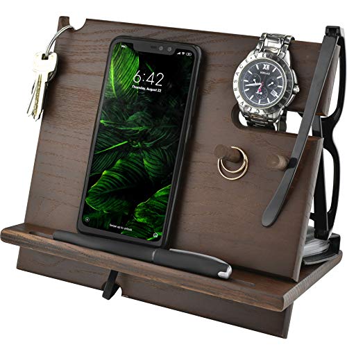BarvA Wood Docking Station Cell Phone Smartwatch Holder Men Charging Accessory Nightstand Father Mobile Gadget Organizer Desktop Dresser Storage Valet Anniversary Birthday Graduation Gift