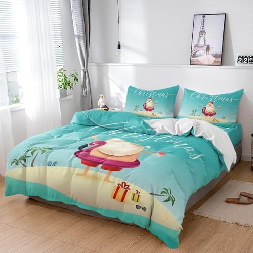 Christmas Santa Claus Beach Vacation Duvet Cover Sets 4 Piece King Ultra Soft Bed Quilt Cover Set for Kids/Teens/Women/Men,Palm Trees Teal Gradient Bedding Collection All Season Use