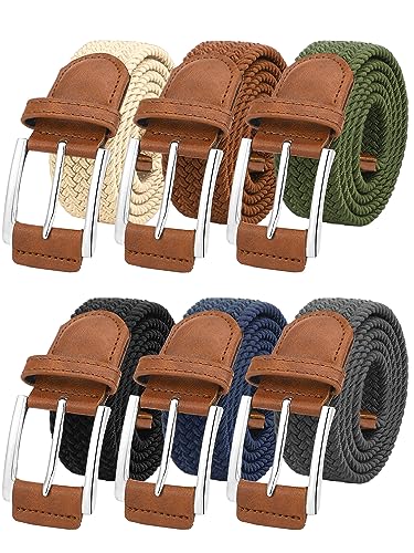 Chuarry 6 Pcs Stretch Belt Men Braided Elastic Belts for Men Woven Nylon Work Belts for Casual Jeans Golf Shirts Pants Shorts, 6 Colors