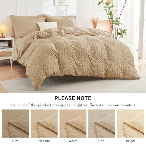 Image of HYMOKEGE Khaki King Size Comforter Set Seersucker 7 Pieces, All Season Luxury Bed in a Bag for Bedroom, Bedding Set with Comforter, Sheets, Pillowcases & Shams