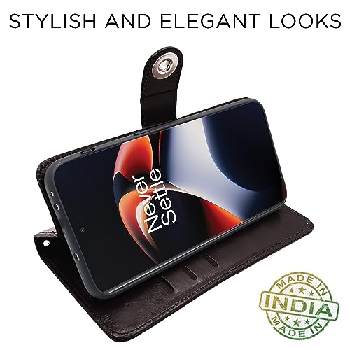 Image of Pikkme OnePlus 11R 5G Flip Cover Leather Finish | Inside TPU with Card Pockets | Wallet Stand and Shock Proof | Complete Protection Button Flip Case (Coffee)