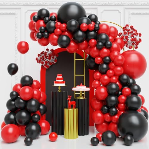Image of Red and Black Balloons Arch Kit,130pcs Black and Red Balloon Garland,Different Sizes Red Latex Balloons for Birthday New Years Graduation Bachelorette Poker Casino Prom Party Decoration