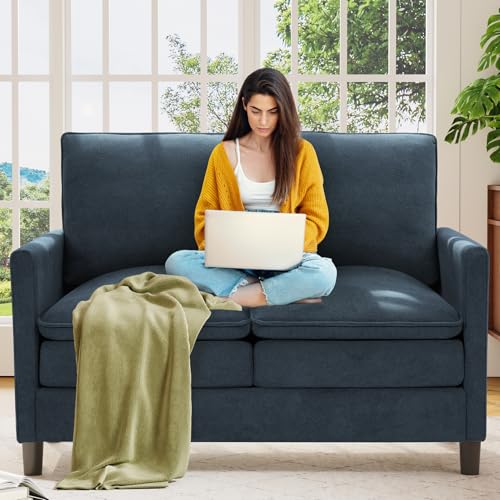 Image of Welzona 3-Layers Cloud Loveseat Sofa, 51 inch Small Couch, Teddy Small Sofa | Comfy Teddy Fabric, Washable Covers, Tool-Free Setup, All-wood Futon Couch for Living Room, Bedroom, Small Spaces, Blue Grey