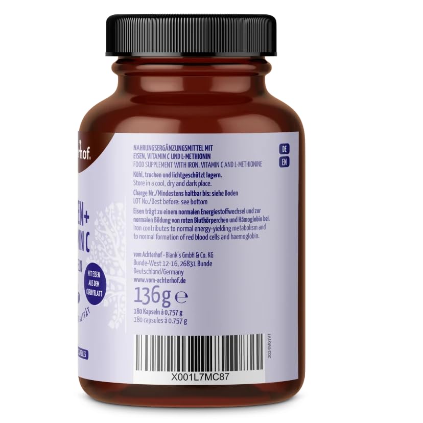 Eisen Kapseln 180 Stück | Eisen aus Curryblatt-Extrakt | Vitamin C aus der Hagebutte | 100% vegan | vom Achterhof