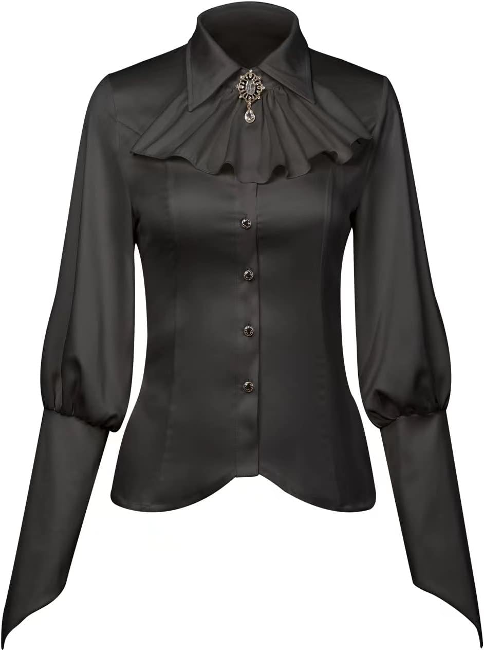 Women's Fashion Shirt Elegant Vintage Gem Brooch Ruffled Long Sleeve Blouse