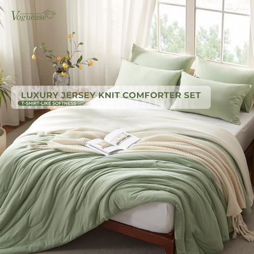 Image of Full Size Comforter Set, Comforters Full Size Luxury and Ultra-Soft Jersey Knit Bedding Set, Sage Green /Beige Lightweight Down Alternative Bed Comforter for All Season, 3 Piece Bedding Set