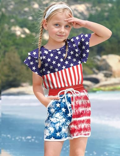 Image of Arshiner 4th of July Shirt for Girl Patriotic American Flag Ruffle Short Sleeves Shirts Tops Tee Blouse