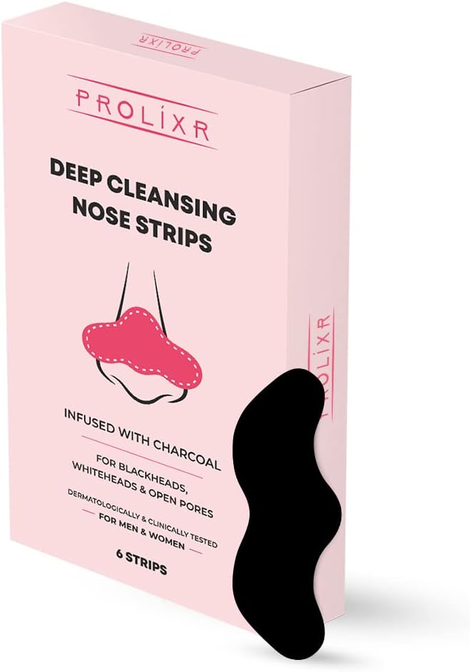 Prolixr Deep Cleansing Charcoal Nose Strips | With Witch Hazel & Tea Tree Extracts | Removes Blackheads & Whiteheads | Unclog Open Pores - For Women & Men - 6 Strips
