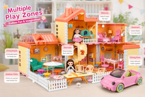 Image of Barbiieee Doll House Playset with Spray Function & Pink Car for Kids | 176 PCS, Spray Function, Pink Car